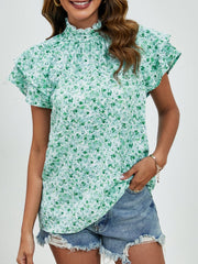 Ditsy Floral Mock Neck Flounce Sleeve Blouse - Trendsi