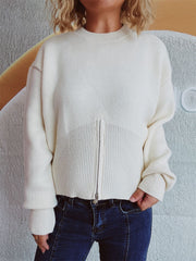 Round Neck Half Zip Long Sleeve Sweater - Trendsi