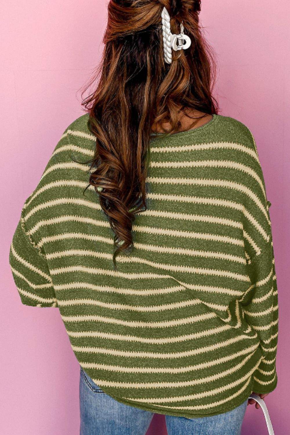 Striped Round Neck Dropped Shoulder Sweater - Trendsi - Flyclothing LLC