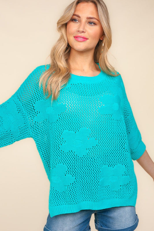 Haptics Floral Crochet Side Slit Knit Top - Trendsi