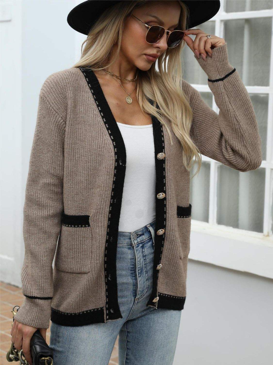 Contrast Trim Button Up Long Sleeve Cardigan - Trendsi - Flyclothing LLC