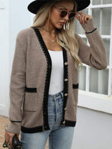 Contrast Trim Button Up Long Sleeve Cardigan - Trendsi - Flyclothing LLC
