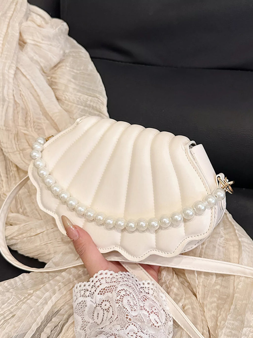 Shell-Shaped Pearl Decor Crossbody Bag - Trendsi - Flyclothing LLC