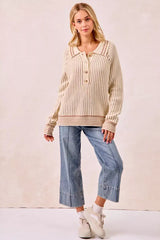 BiBi Half Button Ribbed Two Tone Sweater - Trendsi - Flyclothing LLC
