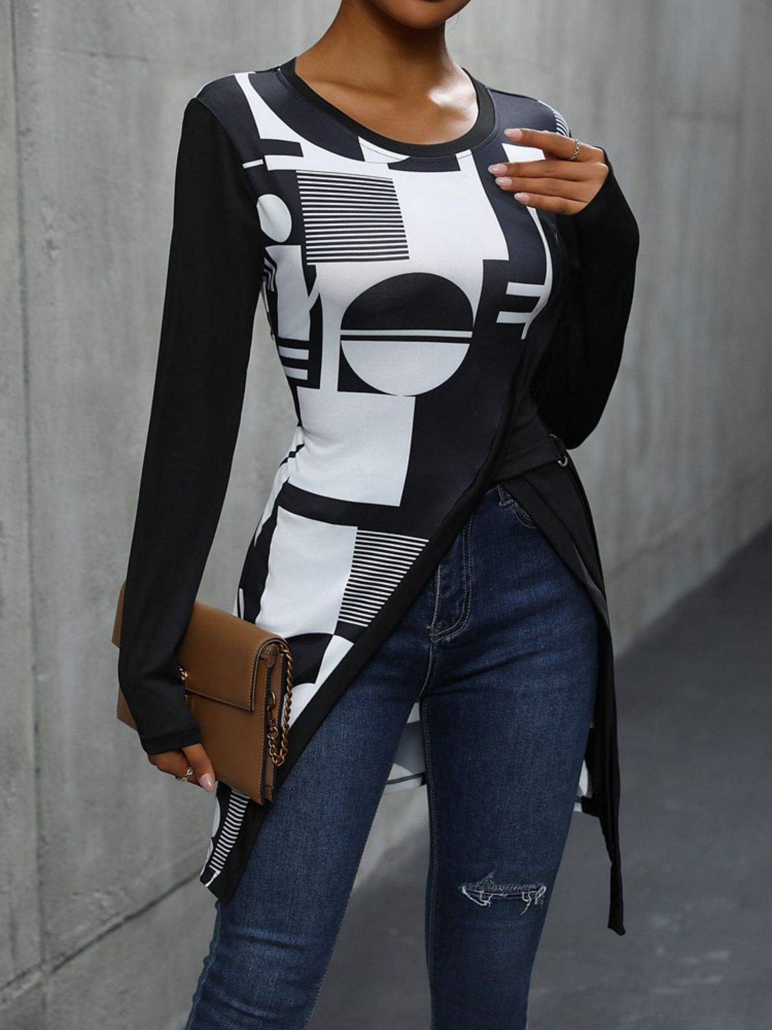 Geometric Round Neck Long Sleeve T-Shirt - Trendsi - Flyclothing LLC
