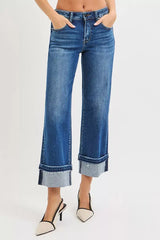 RISEN Mid Rise Ankle Straight Jeans with Cuffed Hem - Trendsi - Flyclothing LLC