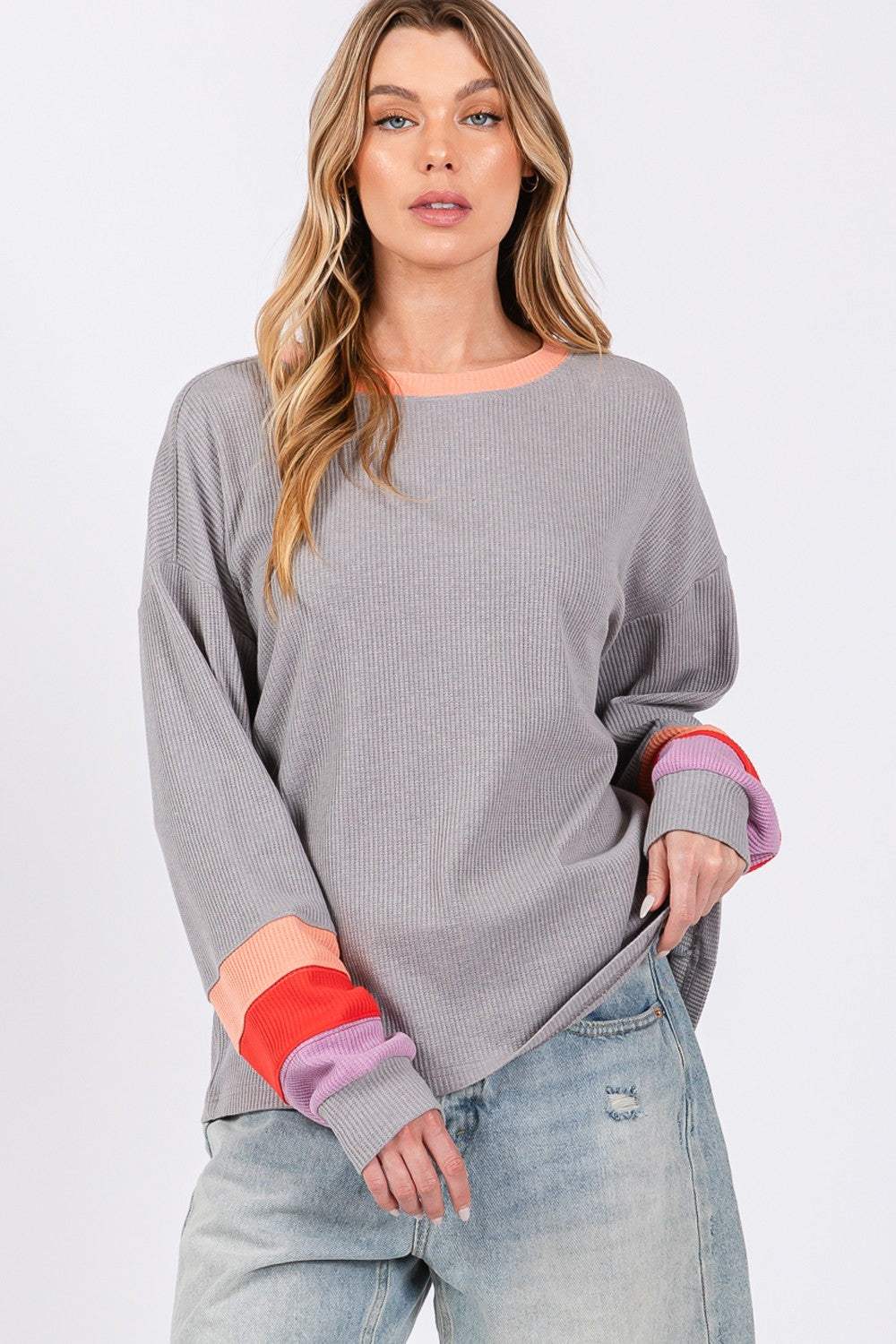 SAGE + FIG Color Block Waffle Knit T-Shirt - Trendsi - Flyclothing LLC