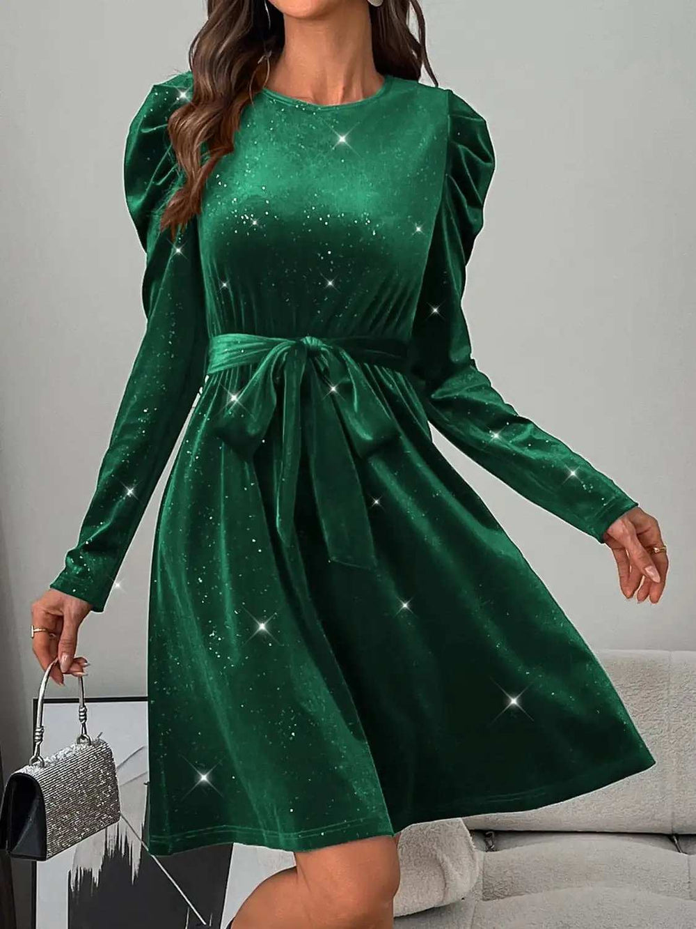 Glitter Round Neck Puff Sleeve Dress - Trendsi - Flyclothing LLC