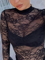 Lace Sheer Mock Neck Long Sleeve Maxi Dress - Trendsi - Flyclothing LLC