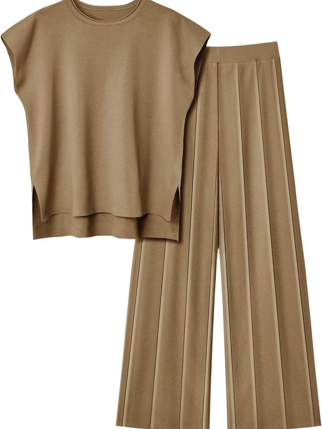 Round Neck Cap Sleeve Top and Pants Knit Set - Trendsi - Flyclothing LLC