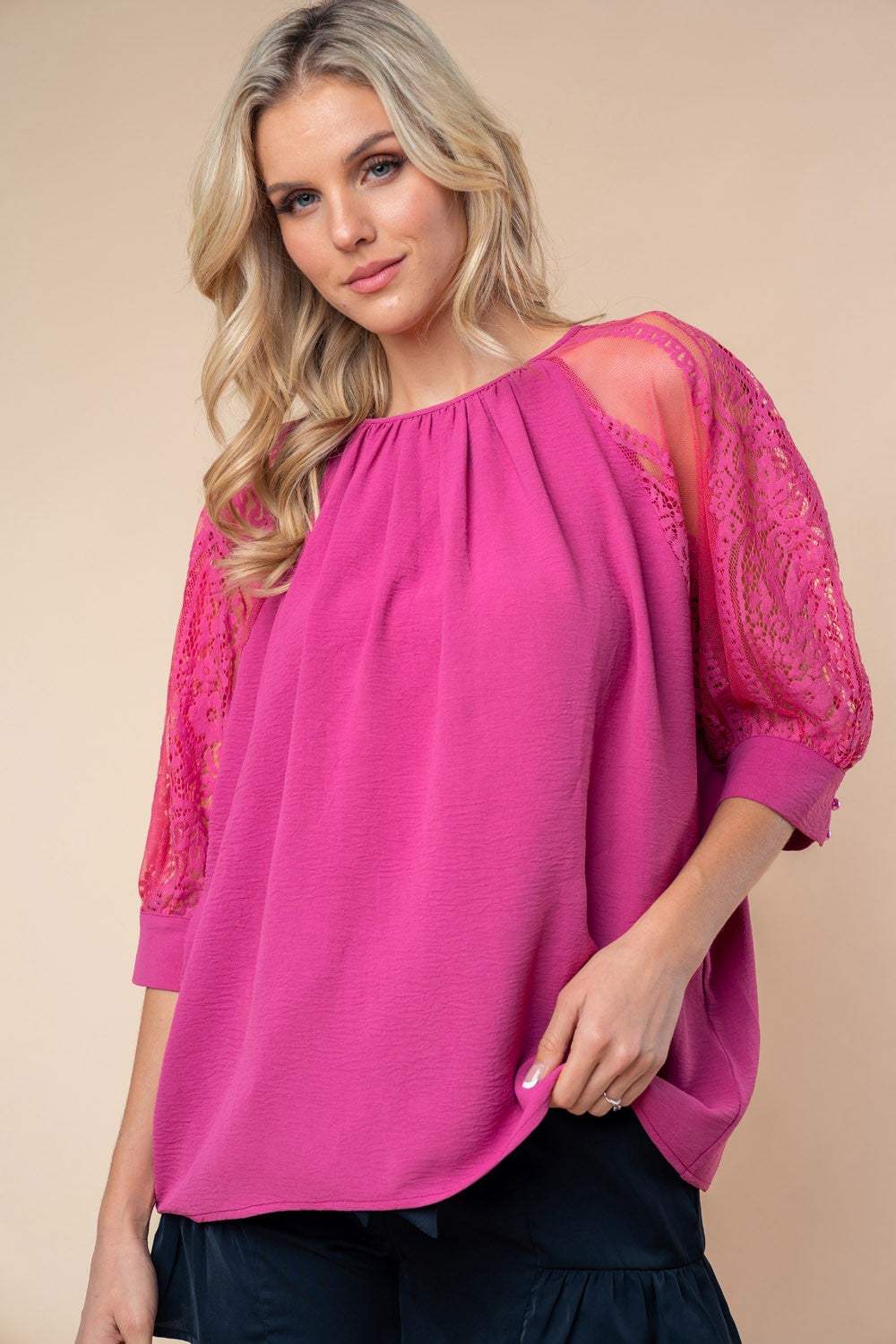 White Birch Round Neck Lace Half Sleeve Blouse - Trendsi - Flyclothing LLC