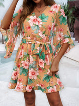 Ruffled Printed Surplice Half Sleeve Mini Dress - Trendsi - Flyclothing LLC