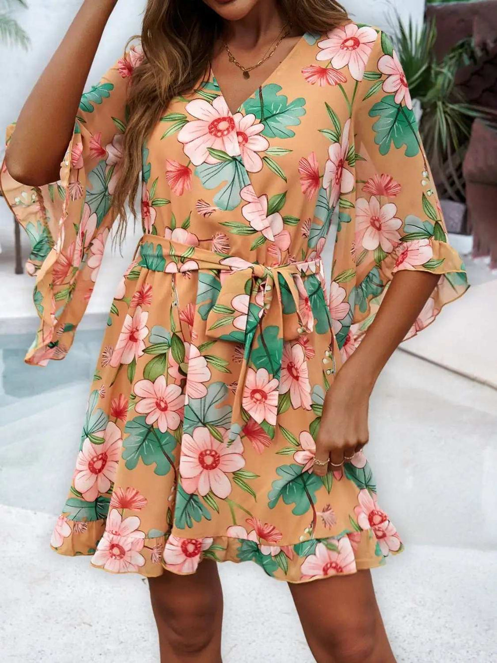 Ruffled Printed Surplice Half Sleeve Mini Dress - Trendsi - Flyclothing LLC