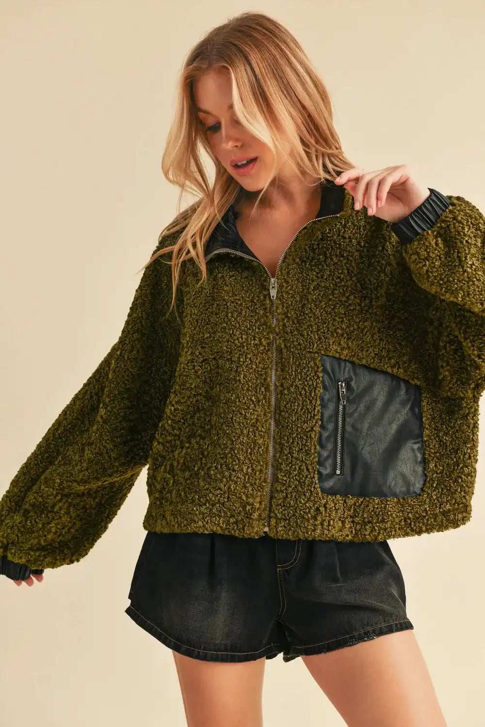 Aemi + Co Collared Neck Zip Up Sherpa Jacket - Trendsi - Flyclothing LLC