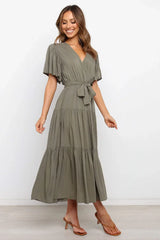 Tied Tiered Short Sleeve Midi Dress - Trendsi - Flyclothing LLC