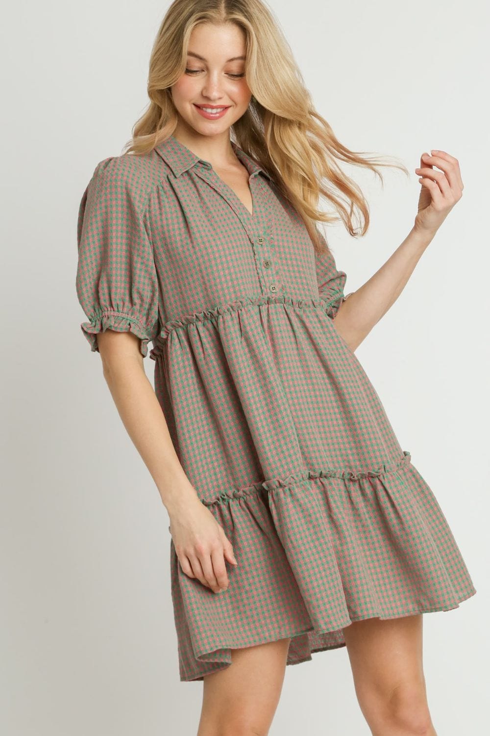 Umgee Full Size Plaid Frill Button Detail Ruffled Short Sleeve Dress Plus Size - Trendsi