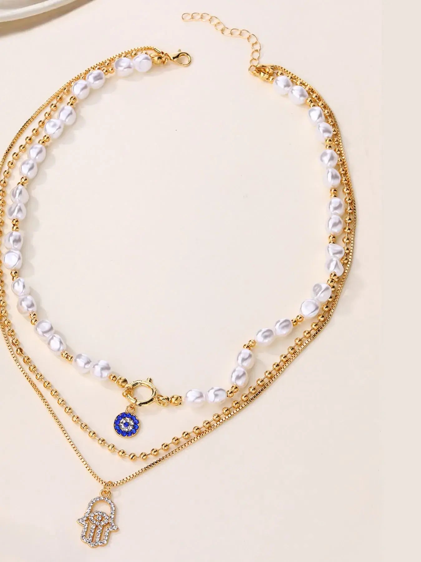 Layered Pearl Chain Evil Eye Hamsa Pendant Necklace - Trendsi - Flyclothing LLC