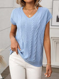 Cable-Knit V-Neck Short Sleeve Knit Top - Trendsi - Flyclothing LLC