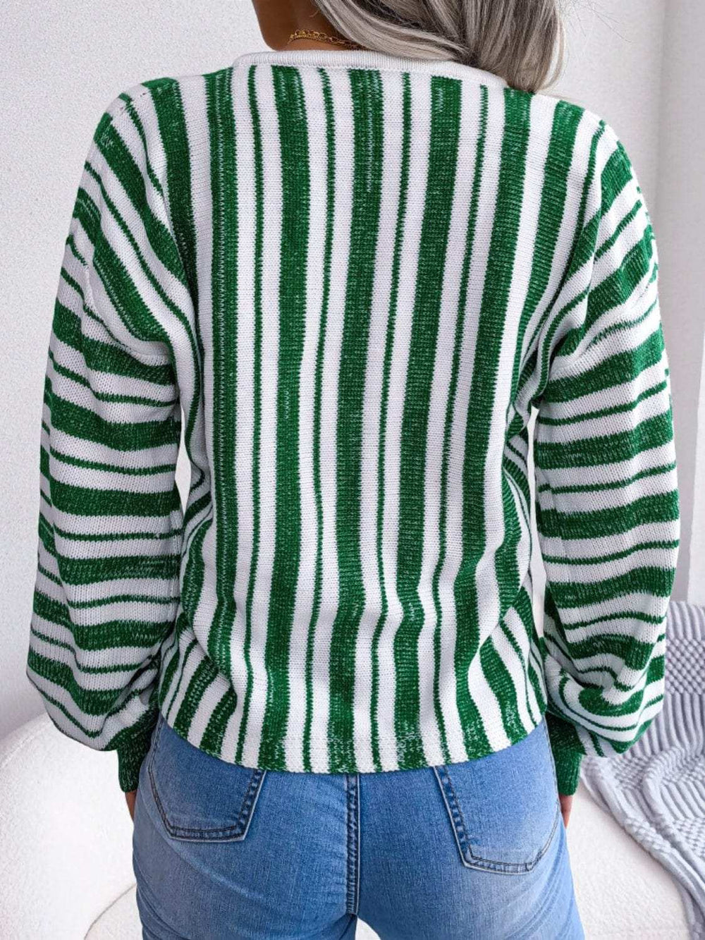 Striped Lace-Up Long Sleeve Sweater - Trendsi - Flyclothing LLC