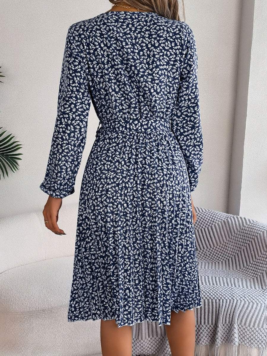 Ditsy Floral Tie Waist Pleated Dress - Trendsi - Flyclothing LLC