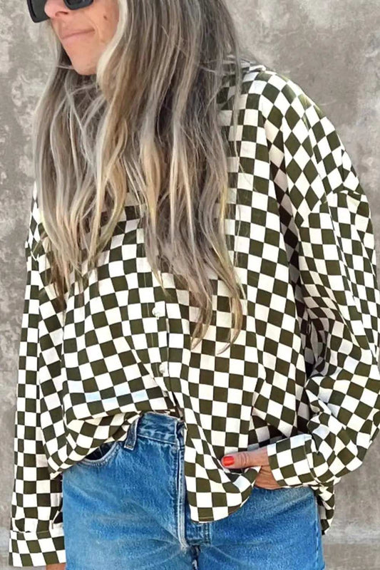 Checkered Collared Neck Long Sleeve Shirt - Trendsi - Flyclothing LLC