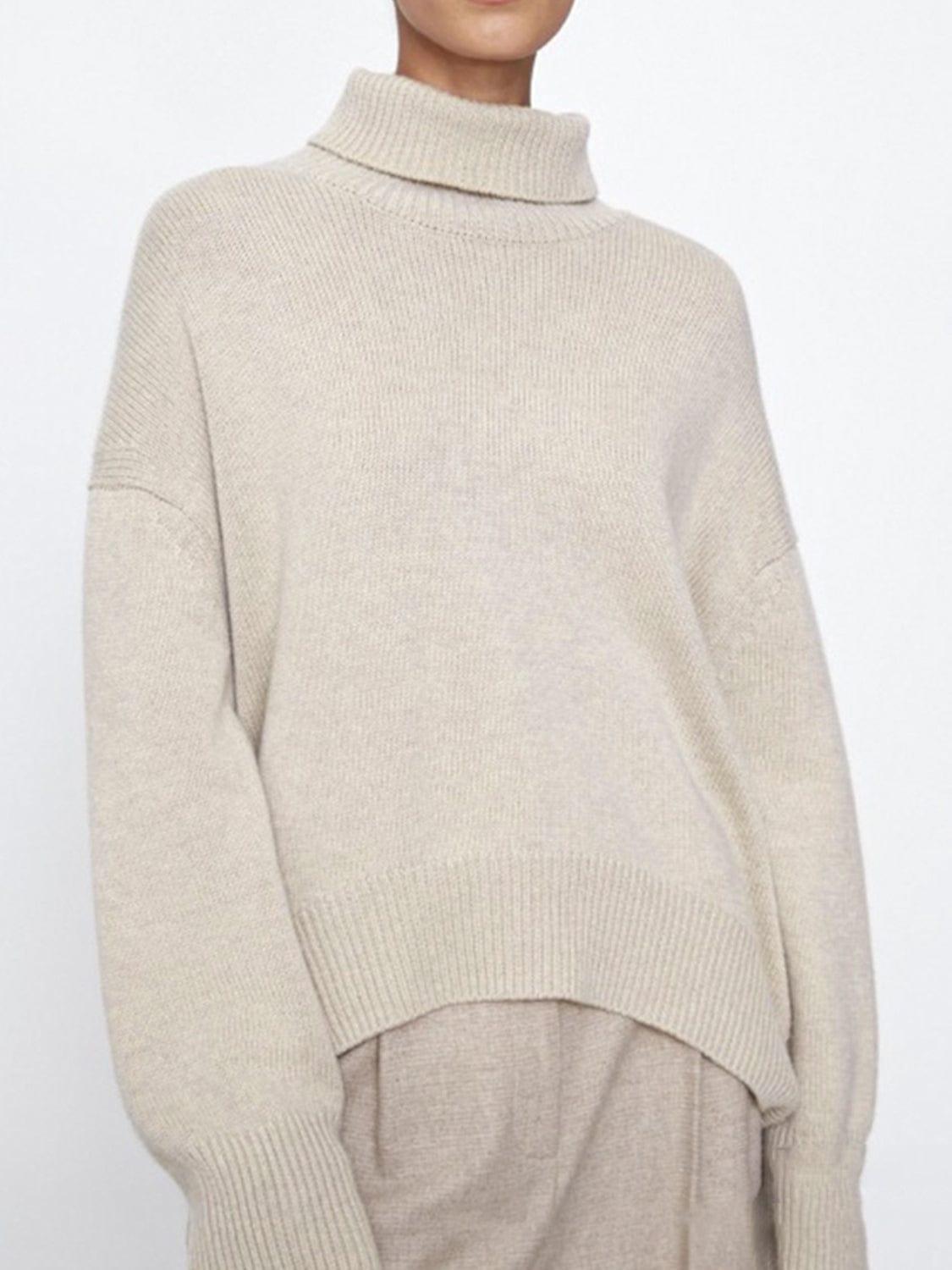 Ribbed Detail Turtleneck Dropped Shoulder Sweater - Trendsi