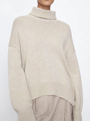 Ribbed Detail Turtleneck Dropped Shoulder Sweater - Trendsi