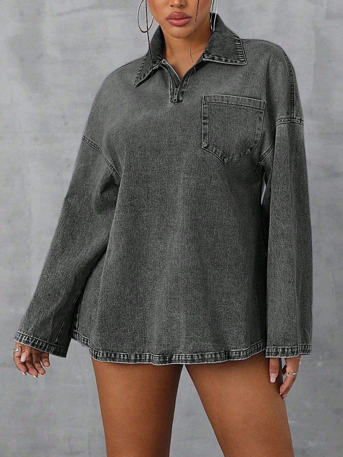 Collared Neck Drop Shoulder Denim Top - Trendsi - Flyclothing LLC