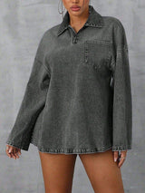 Collared Neck Drop Shoulder Denim Top - Trendsi - Flyclothing LLC