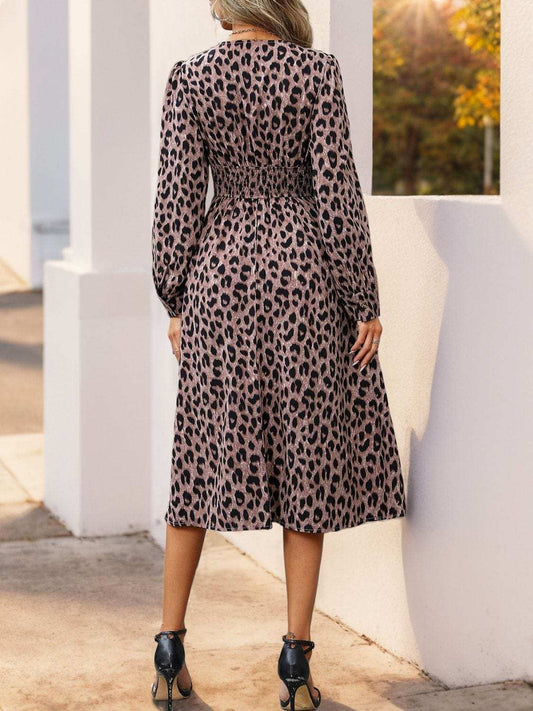 Perfee Leopard Surplice Long Sleeve Midi Dress - Trendsi - Flyclothing LLC