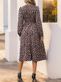 Perfee Leopard Surplice Long Sleeve Midi Dress - Trendsi