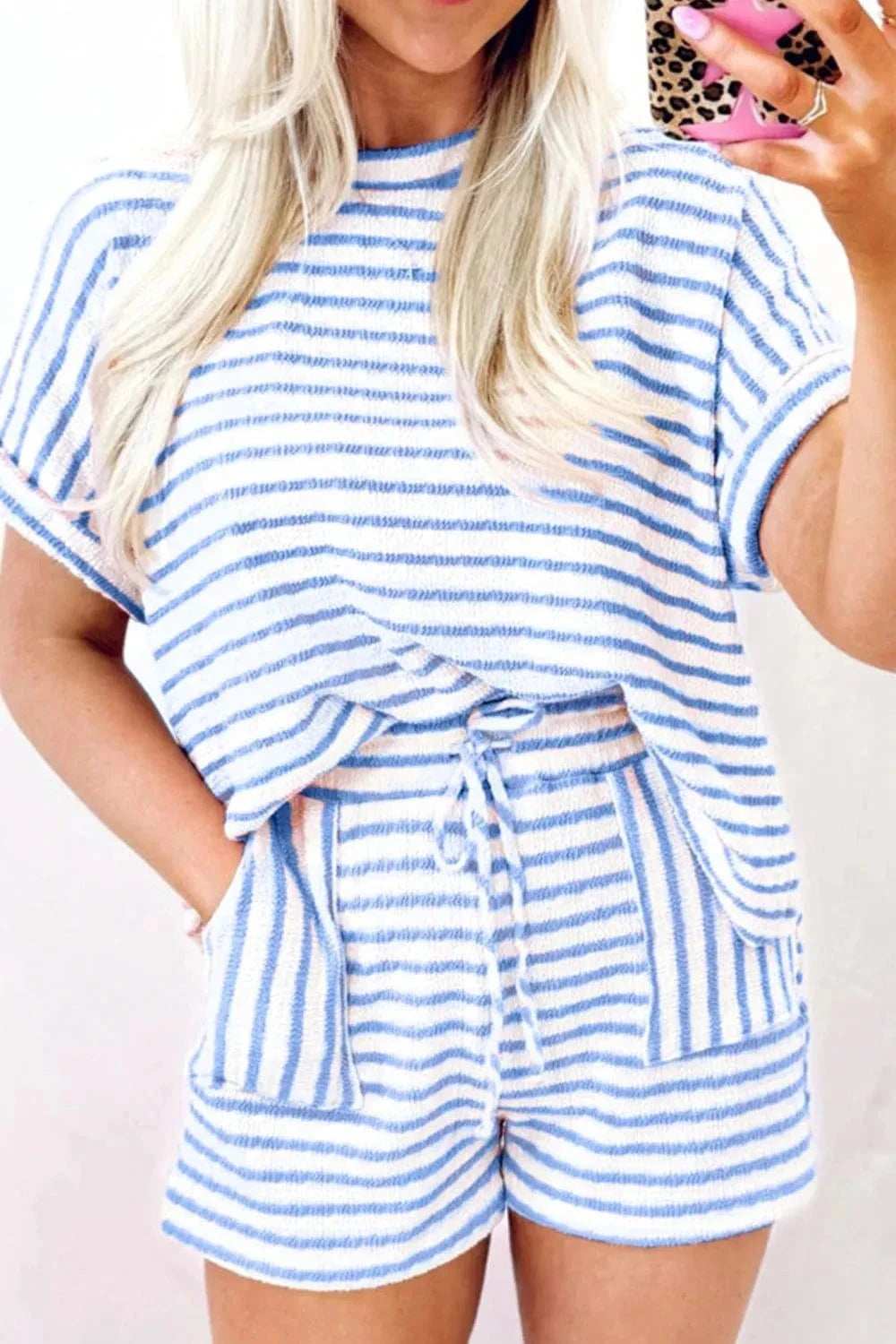 Stripe Knitted Short Sleeve Top and Drawstring Shorts Set - Trendsi - Flyclothing LLC