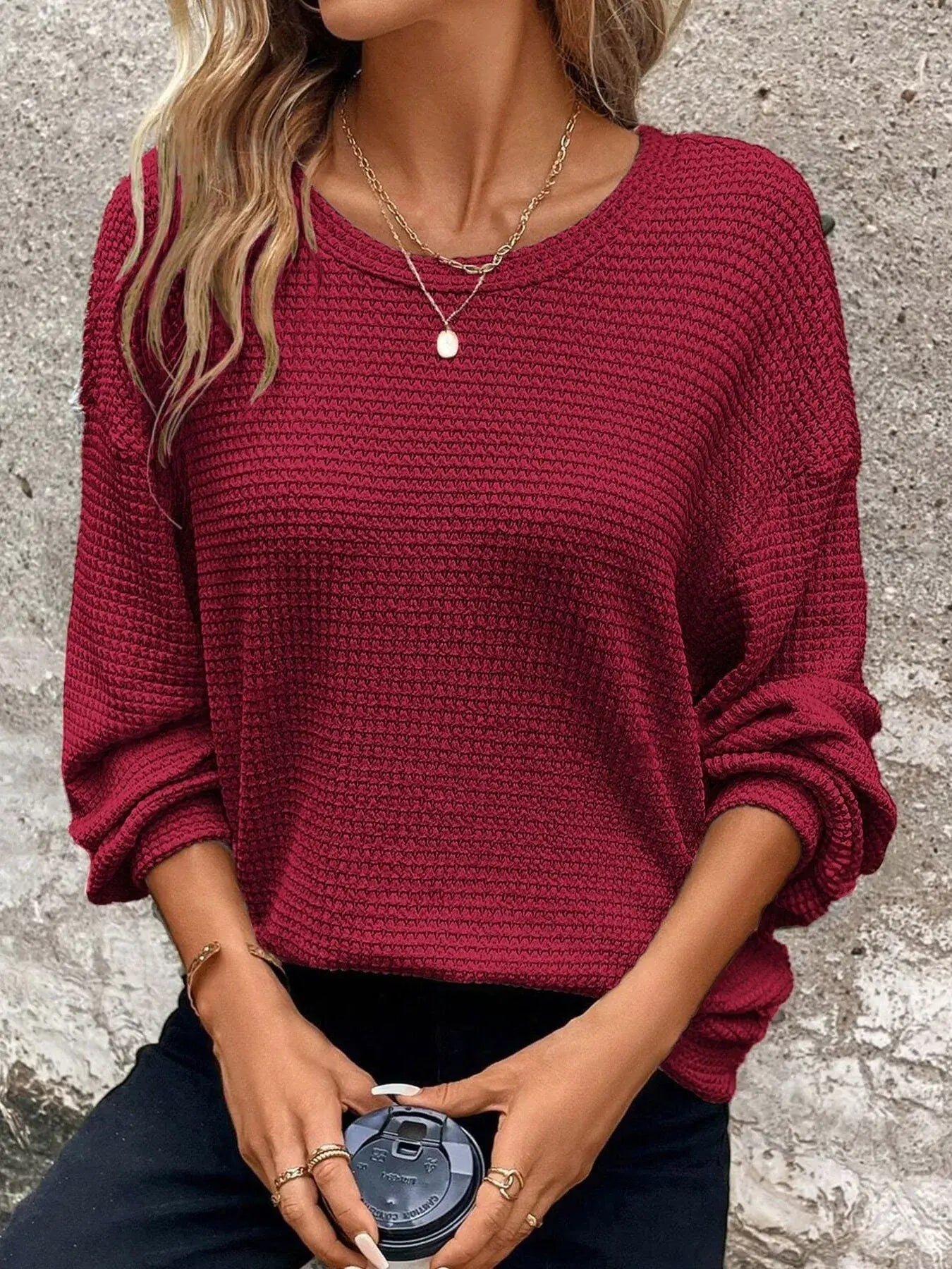 Plus Size Relaxed Fit Waffle Knit Round Neck T-Shirt - Trendsi - Flyclothing LLC