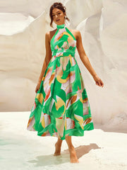 Ruched Printed Halter Neck Sleeveless Dress - Trendsi