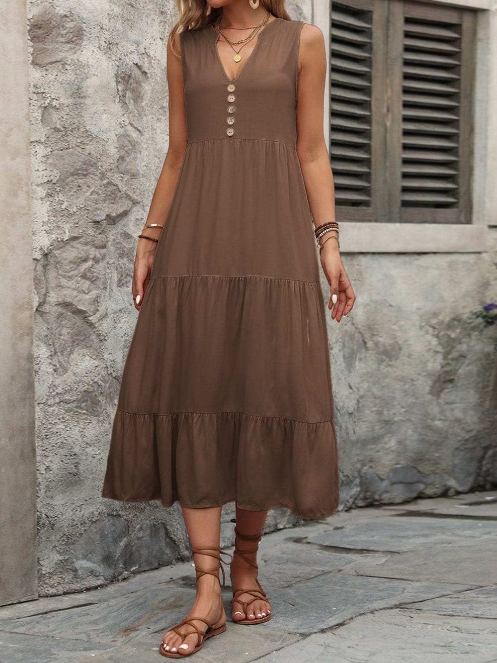 Decorative Button Notched Sleeveless Dress - Trendsi - Flyclothing LLC