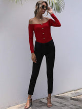 Perfee Decorative Button Off-Shoulder Long Sleeve Bodysuit - Trendsi - Flyclothing LLC