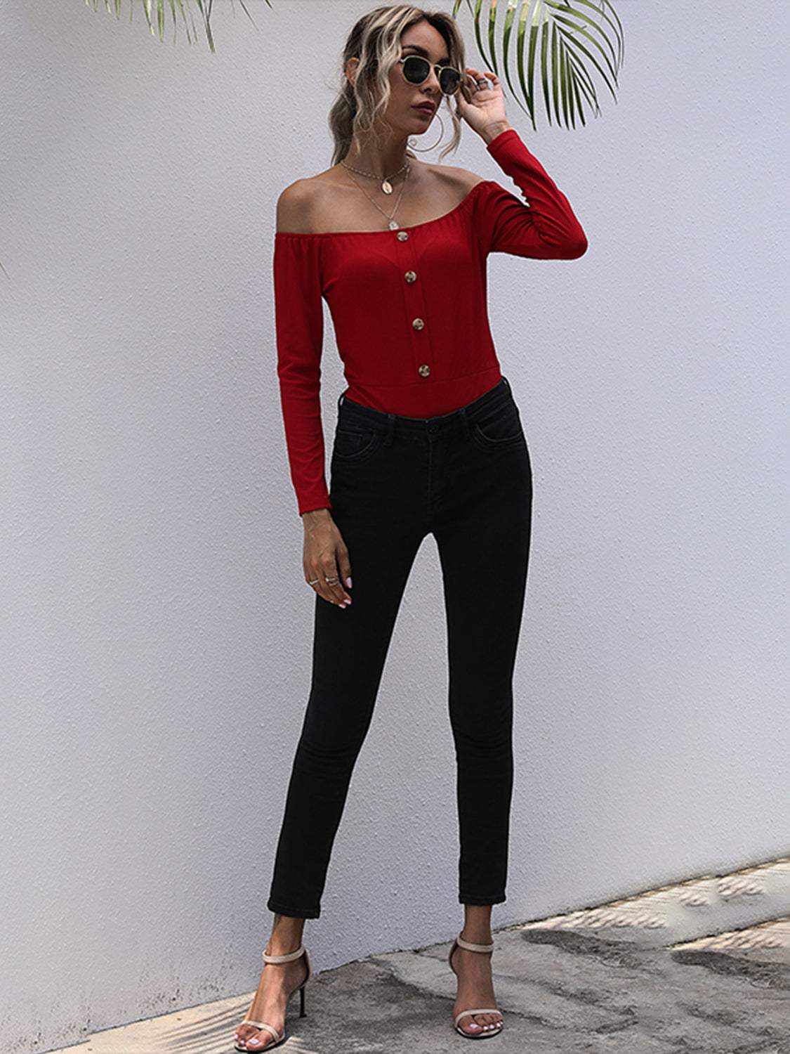 Perfee Decorative Button Off-Shoulder Long Sleeve Bodysuit - Trendsi - Flyclothing LLC