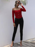 Perfee Decorative Button Off-Shoulder Long Sleeve Bodysuit - Trendsi