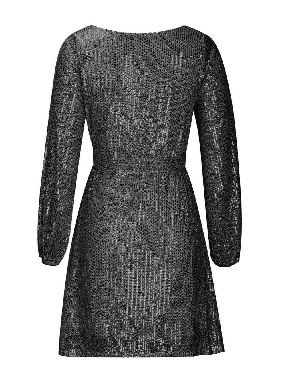 Sequin Tie Waist Long Sleeve Mini Dress - Trendsi - Flyclothing LLC