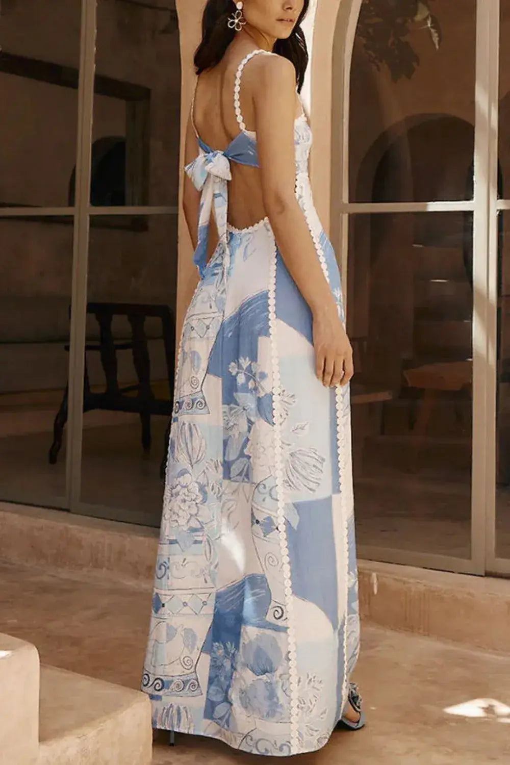 Cutout Back Printed Square Neck Maxi Dress - Trendsi - Flyclothing LLC