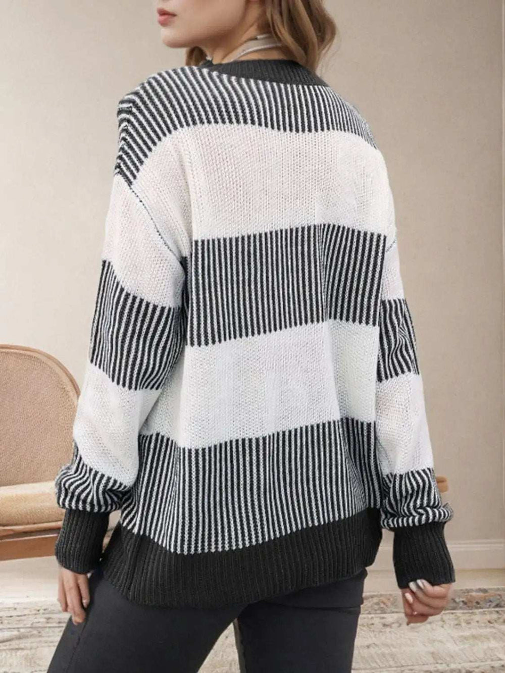 Striped Round Neck Long Sleeve Sweater - Trendsi - Flyclothing LLC