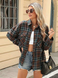 Pocketed Plaid Collared Neck Long Sleeve Shirt - Trendsi - Flyclothing LLC