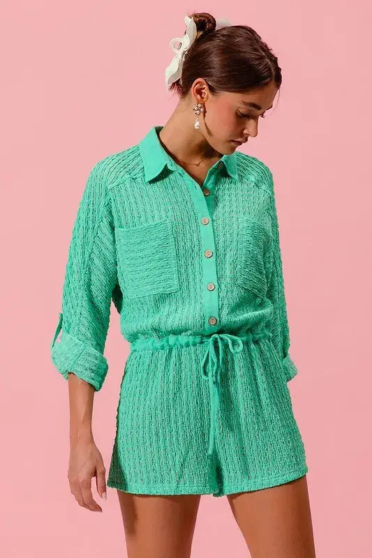 SO ME Textured Knit Button Front Romper - Trendsi - Flyclothing LLC