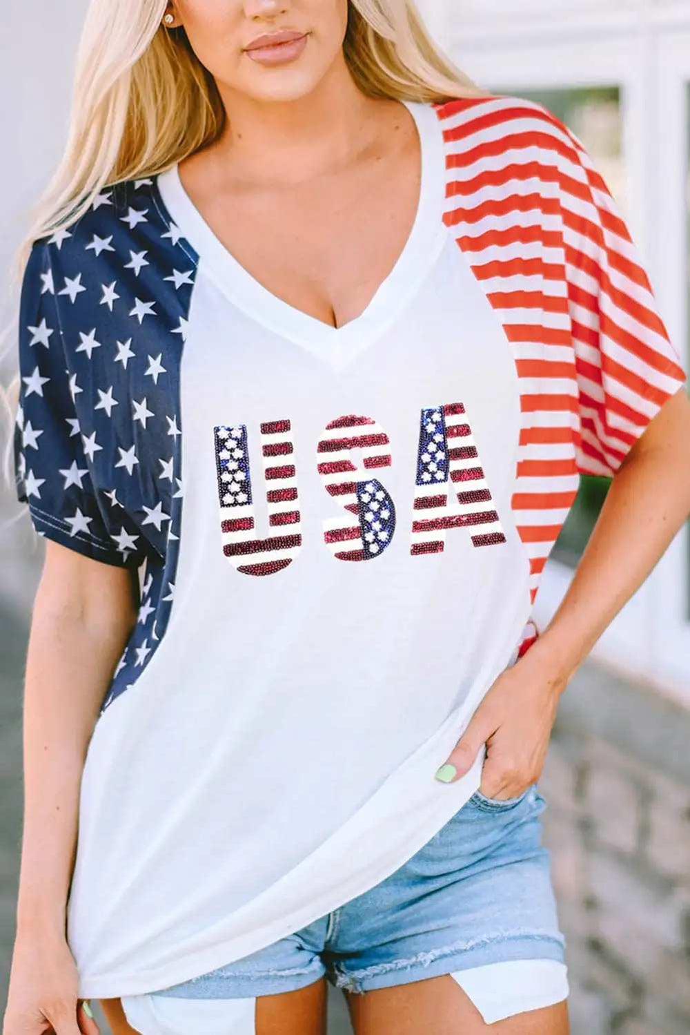 USA V-Neck Short Sleeve T-Shirt - Trendsi - Flyclothing LLC