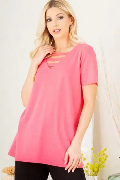 Heimish Full Size V-Neck Short Sleeve T-Shirt with Bar Detail Plus Size - Trendsi - Flyclothing LLC