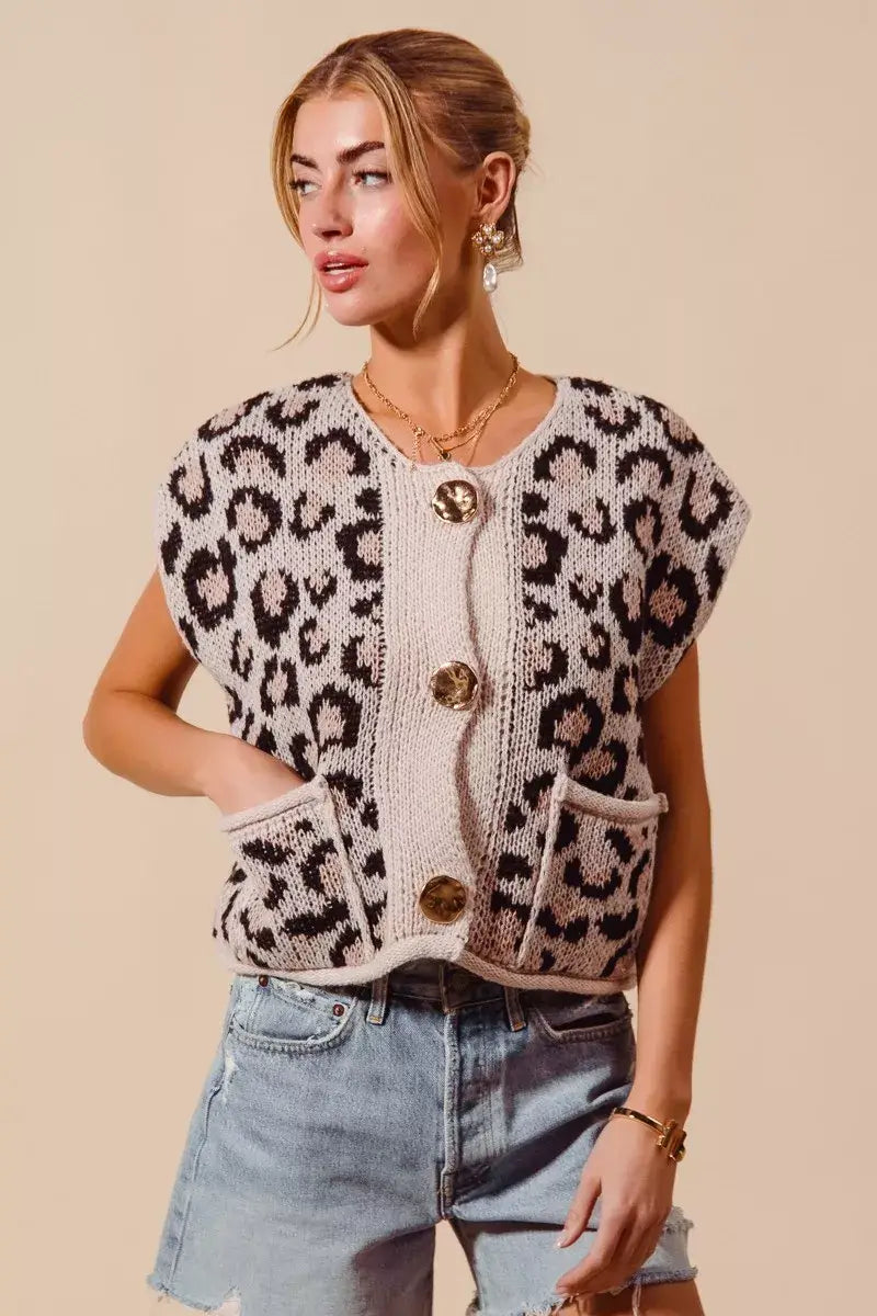 SO ME Big Metal Button Front Leopard Sweater Vest Top - Trendsi - Flyclothing LLC