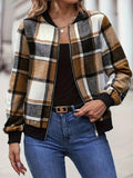 Plus Size Plaid Baseball Collar Zip Up Jacket - Trendsi