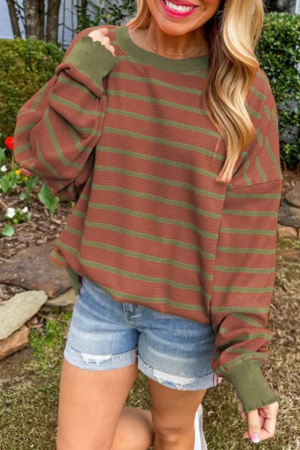 Striped Round Neck Long Sleeve Sweater - Trendsi - Flyclothing LLC