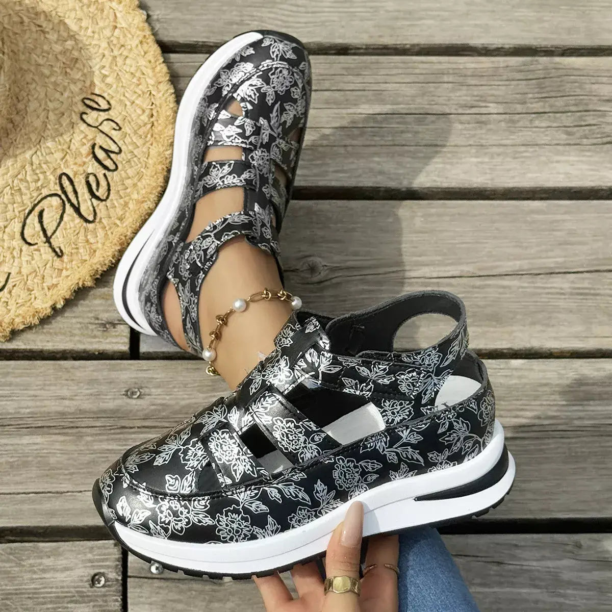 Cutout Velcro Sandals - Trendsi - Flyclothing LLC