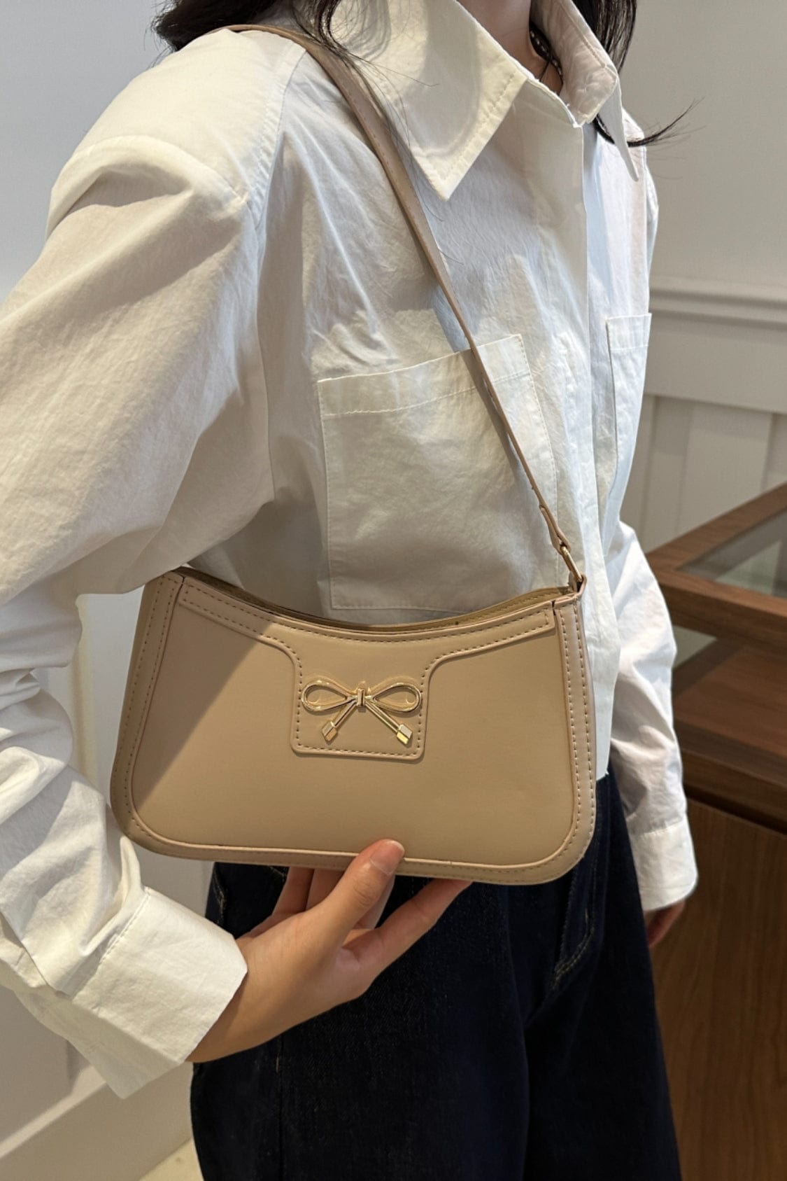 Bow Trim PU Leather Shoulder Bag - Trendsi